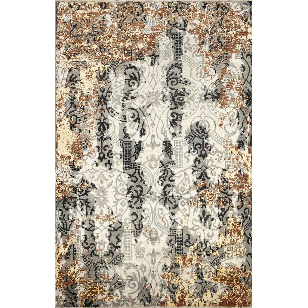 Modern Wool/ Silk Vegetable Dye Abstract Oriental Area Rug Handmade - 4'1" x 6'0"