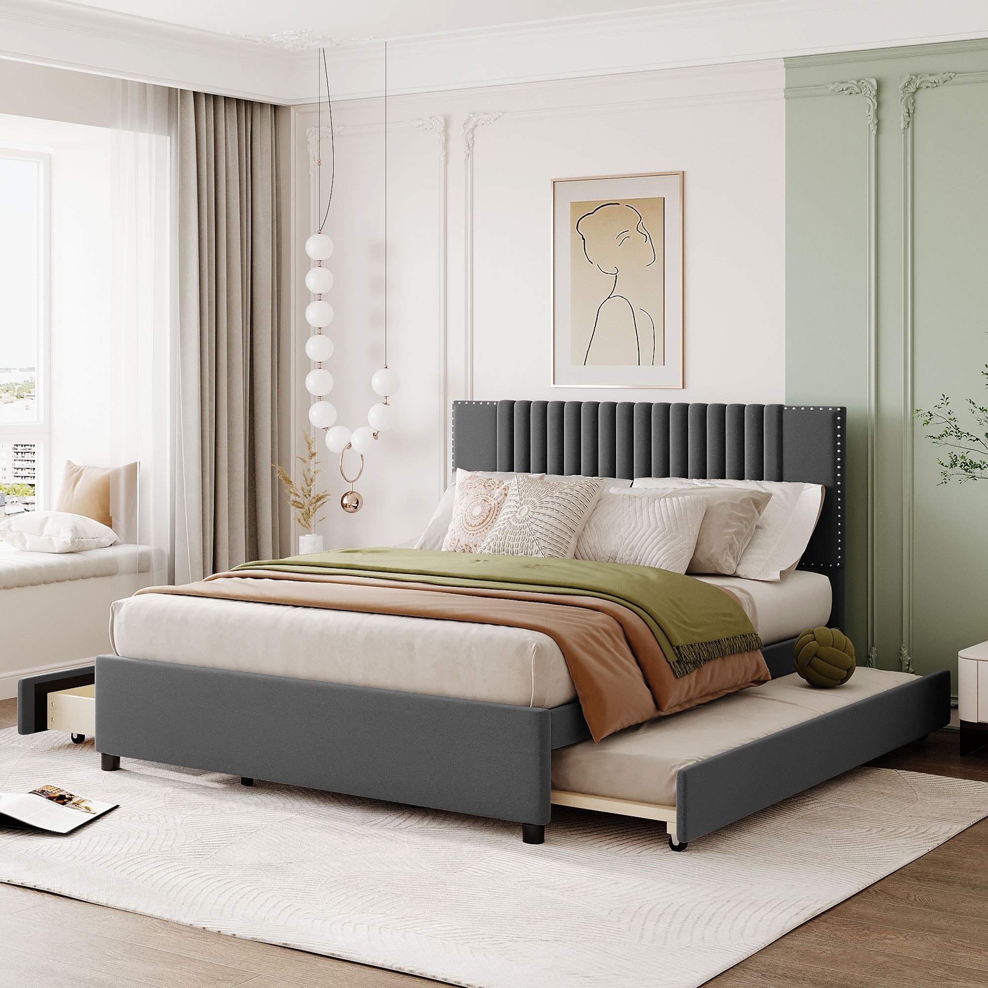 Nordic Creative Queen Size Upholstered Platform Bed with Comfy Soft Headboard Design & 2 Drawers and 1 Twin XL Trundle Bed