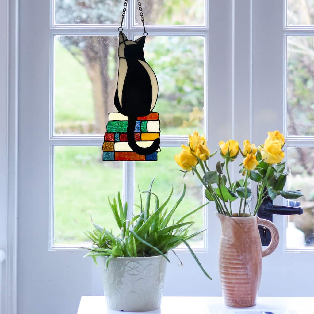 River of Goods Cat on Books River of Goods Stained Glass Vertical Window Panel - 6" x 0.25" x 12.5"