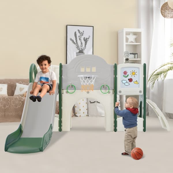 slide 2 of 15, 9 in 1 Kids Slide Play Set Structure for Indoor-Outdoor Activity - 65.3''L x 68.9''W x 37.8''H Green-Grey