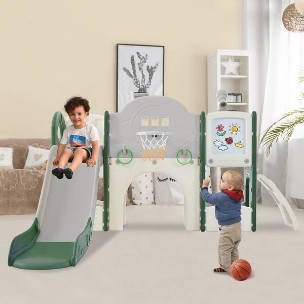 slide 2 of 18, Kids Slide Playset Structure 9 in 1, Freestanding Spaceship Set with Slide, Arch Tunnel, Ring Toss, Drawing Whiteboardl Green