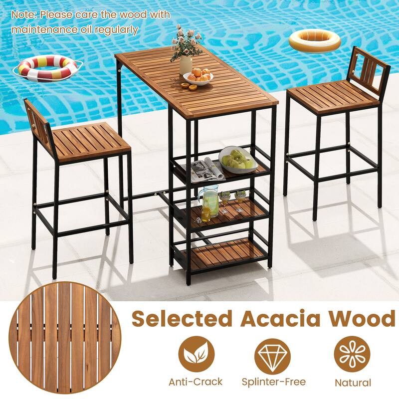 Gymax 3 Pieces Outdoor Wood Bar Set w/ 3-Tier Storage Shelf & Metal