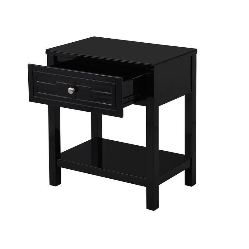 Dylan Wooden End Side Table Nightstand with Glass Top and Drawer