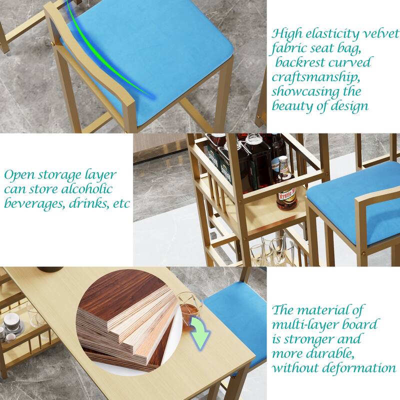 5 Piece Bar Table Set, Counter Height Kitchen Table Set, Metal Table and Chairs Set with 4 Upholstered Chairs & Storage Shelves