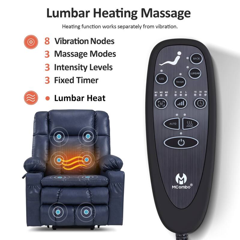 MCombo Medium Dual Motor Power Lift Recliner Chair Infinite Position, Massage and Heat, Extended Footrest, Faux Leather 7890
