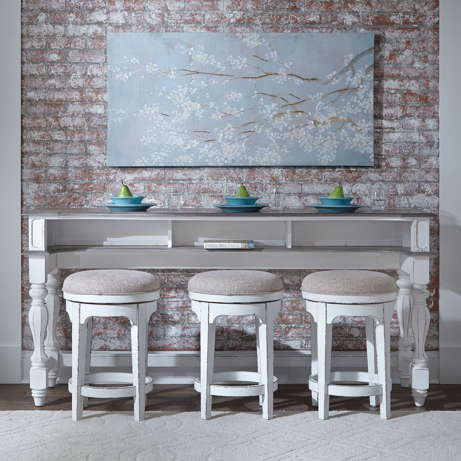 Magnolia Manor Antique White 4 Piece Console Set (1-Console 3-Stools) - Console Bar Table, 3 Stools