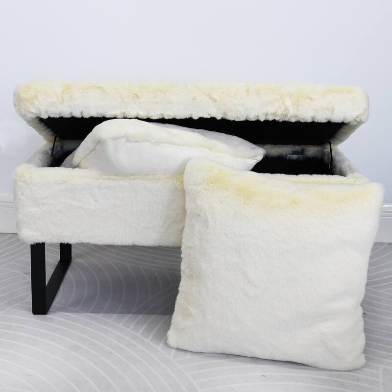 Heavy FauxFur Storage Ottoman with 2 Pillow Set