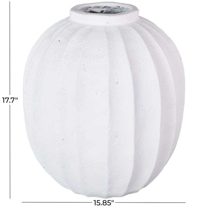 White Magnesium Oxide Wide Decorative Vase with Carved Grooves