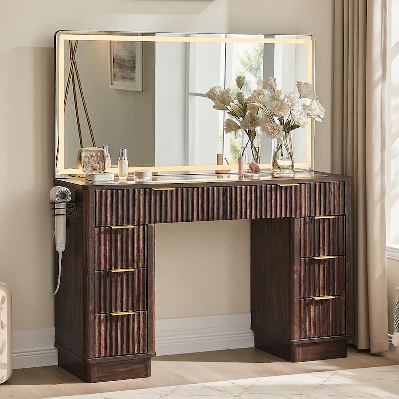 Modern Fluted Makeup Vanity Desk with Mirror, Lights, Charging Station - Walnut