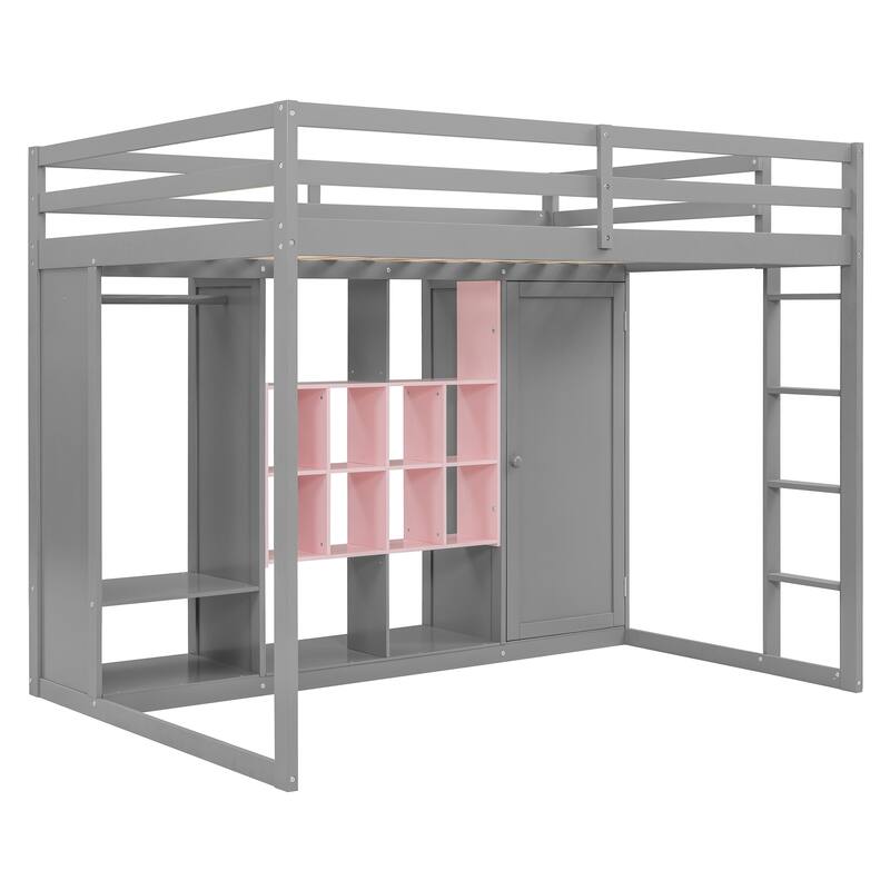 Twin/Full Size Versatile Loft Bed with Wardrobe, Storage Bed Frame with Multi-Shelves and Clothes Hanging Rod