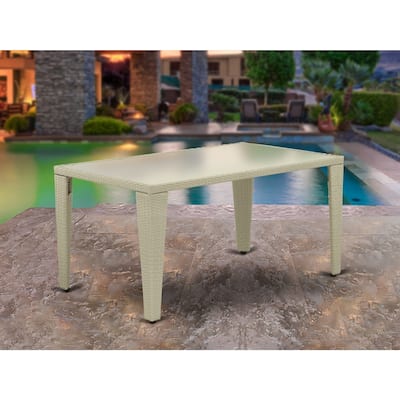 Patio Table with Glass Top - Outdoor Wicker Dining Table - Natural Linen Finish - Modern Garden Table - 60.04