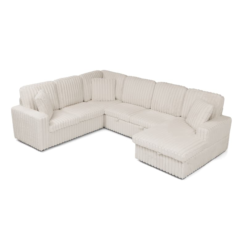 Corduroy Upholstered Reclining Sofa U-shaped Sleeper Sectional Couch with Pull Out Bed, Storage Chaise and Adjustable Backrests