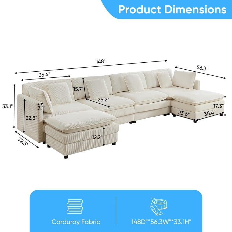 Mixoy 148''Oversized Modular Sectional Sofa, U-Shaped 6-Seater Corduroy Upholstered Deep Seat Sofa with 2 Movable Ottomans - 4+2