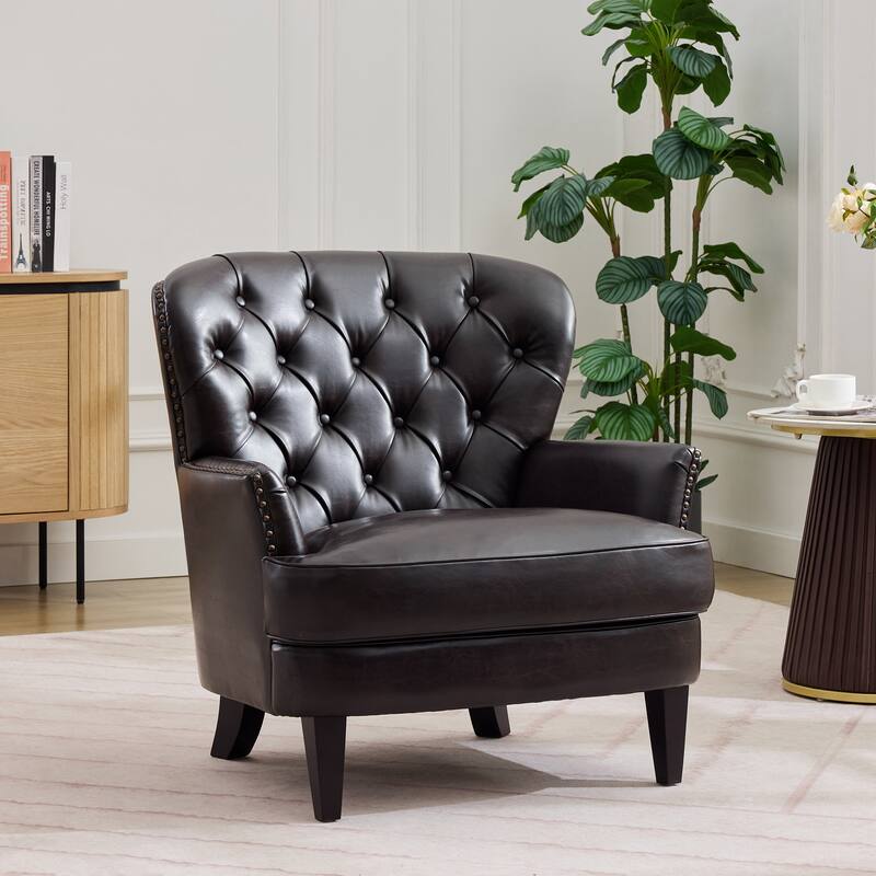 Brown Polyester Fabric Wooden Frame Lounge Chair with Nailhead Trim - 32.5'' W x 32.5'' D x 33'' H