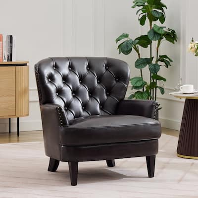 Vintage-Inspired Upholstered Lounge Chair with Nailhead Trim ,Solid Wood Legs for Stability and Elegant Curved Backrest