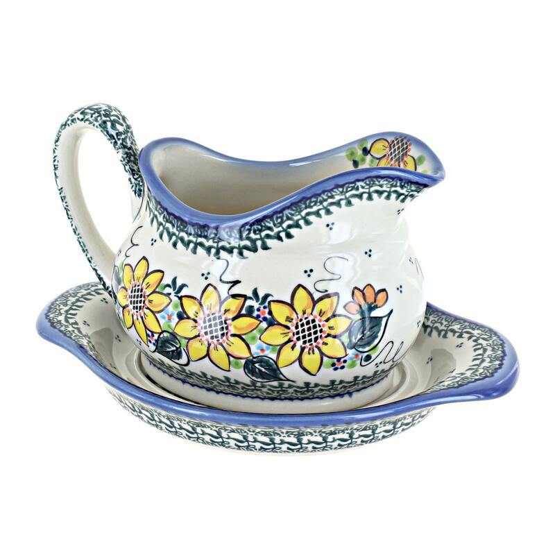 Blue Rose Polish Pottery WS03 Galia Gravy Boat and Plate - Summer Picnic