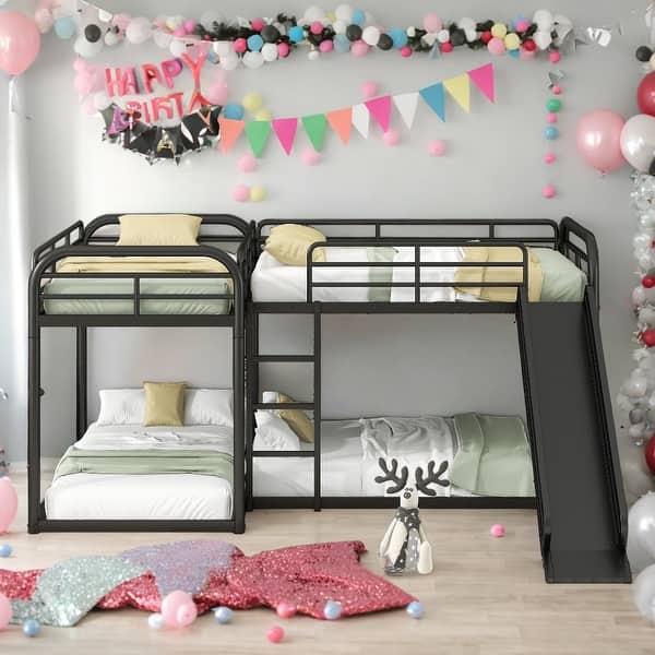 slide 2 of 18, Full and Twin Size Modern Functional Design L-Shaped Bunk Bed with Slide and Short Ladder, Easy Assembly, Black Black