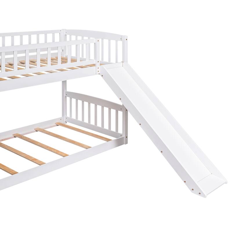 Wooden Twin Over Twin Bunk Bed with Slide, Ladder and Storage Stairs