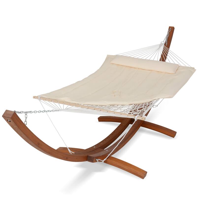 Rope Hammock with 13.5ft Wooden Stand and Removable Pad - Beige