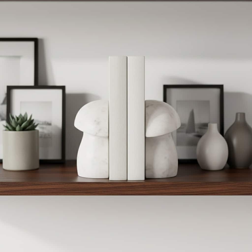 Decorative Marble Mushroom Bookends - Set of 2, 6", White - 6.0"