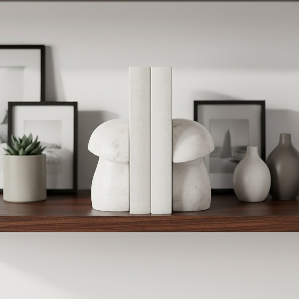 Decorative Marble Mushroom Bookends - Set of 2, 6", White - 6.0"