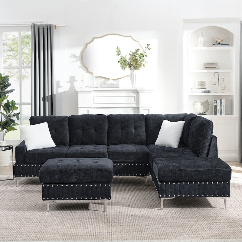 Chenille 3 Seater Couch L-shaped Sectional Sofa with Reversible Chaise, Storage Ottoman, Metal Legs, Copper Nails and 2 Pillows