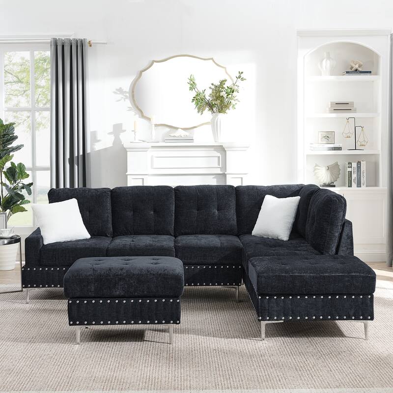 Chenille L-Shaped Sectional Sofa with Chaise & Storage Ottoman, Corner Sofa with 2 Pillows, Metal Legs & Copper Nails