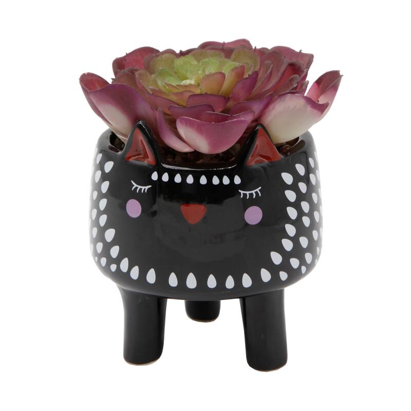 Faux Succulent in 4.75" Small White Cat Ceramic Planter - ONE-SIZE