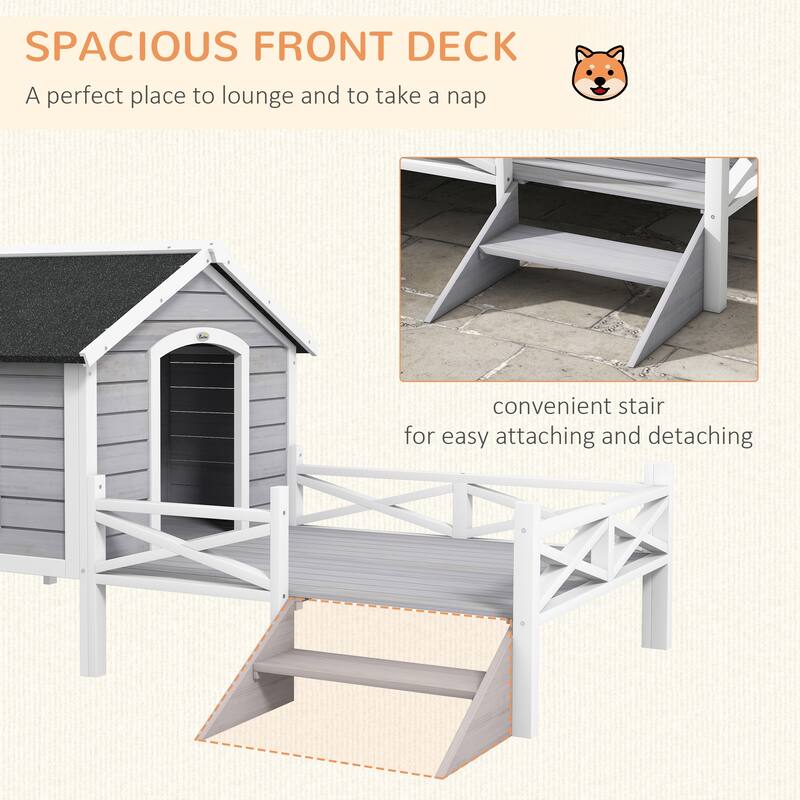 PawHut Wooden Dog House w/ Porch, Water-resistant Roof, for S M Dogs, Gray