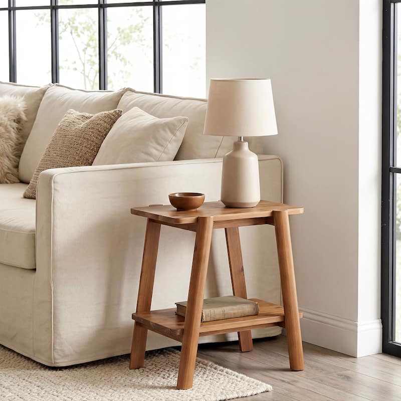 2 Tier Solid Wood Side Table, Farmhouse Table with Storage Shelves