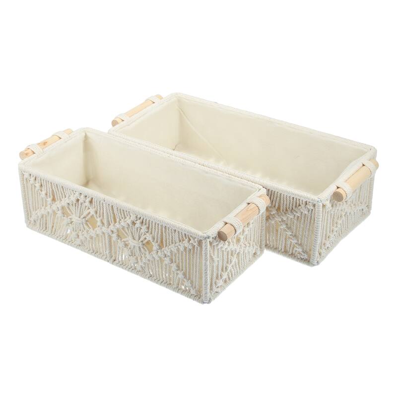 1 Set Woven Baskets Decor Box Macrame Storage Baskets for Home Wood Cotton