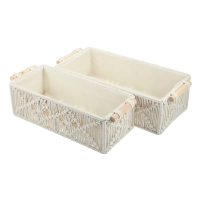 1 Set Woven Baskets Decor Box Macrame Storage Baskets for Home Wood Cotton