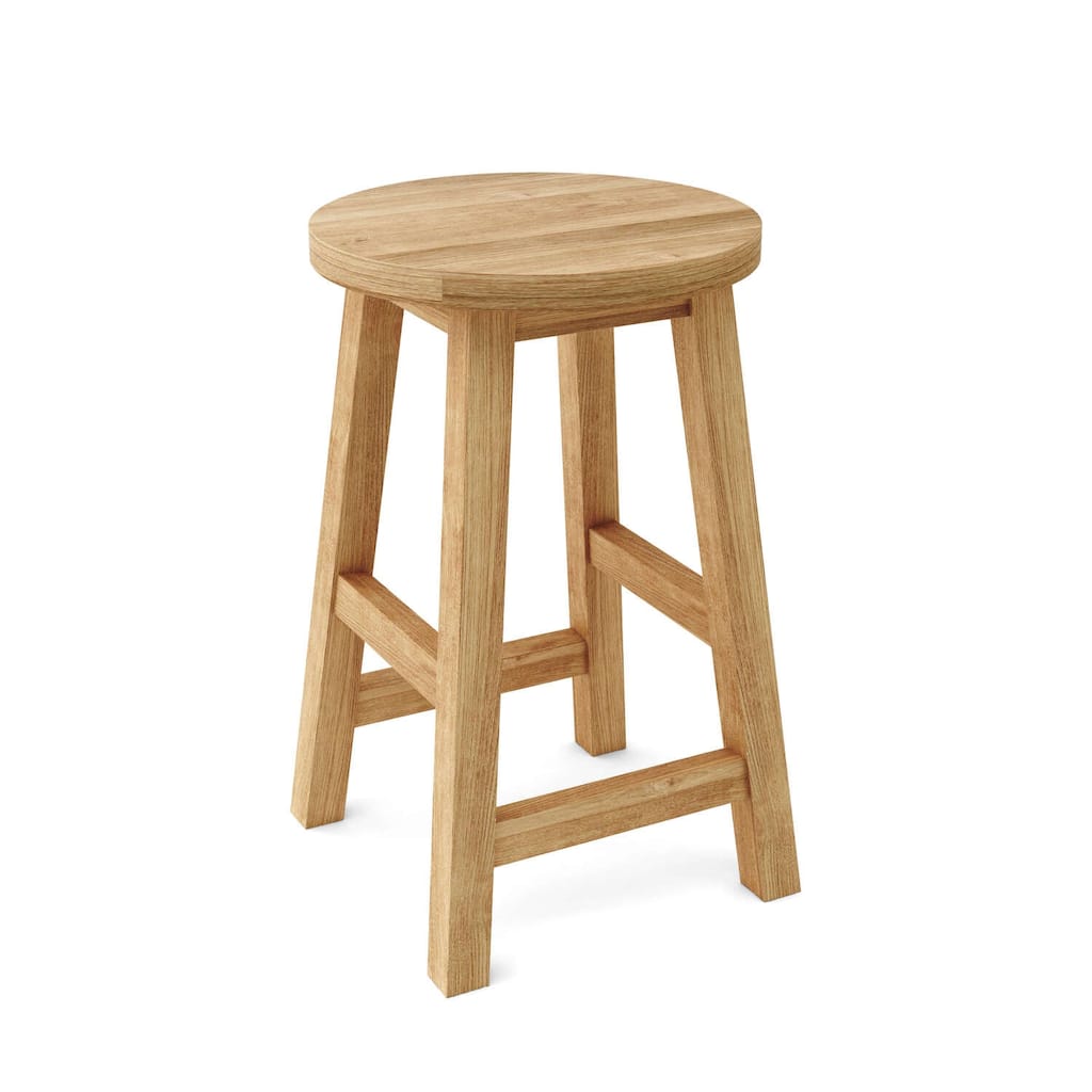 Natural Teak Wooden Counter Height Bar Stool with Round Alpine Inspired Seat, Stylish Modern Kitchen Bar Seating