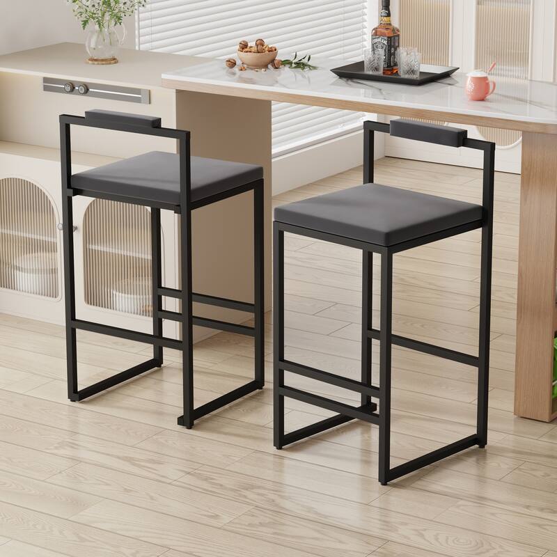 Set of 2 Velvet Upholstered Bar Stools with Footrest & Backrest, Modern Dining Chairs for Kitchen Island - Black & Gray
