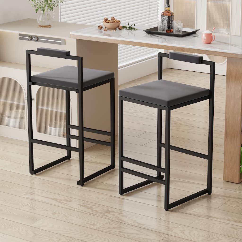 Set of 2 Velvet Upholstered Bar Stools with Footrest & Backrest, Modern Dining Chairs for Kitchen Island - Black & Gray