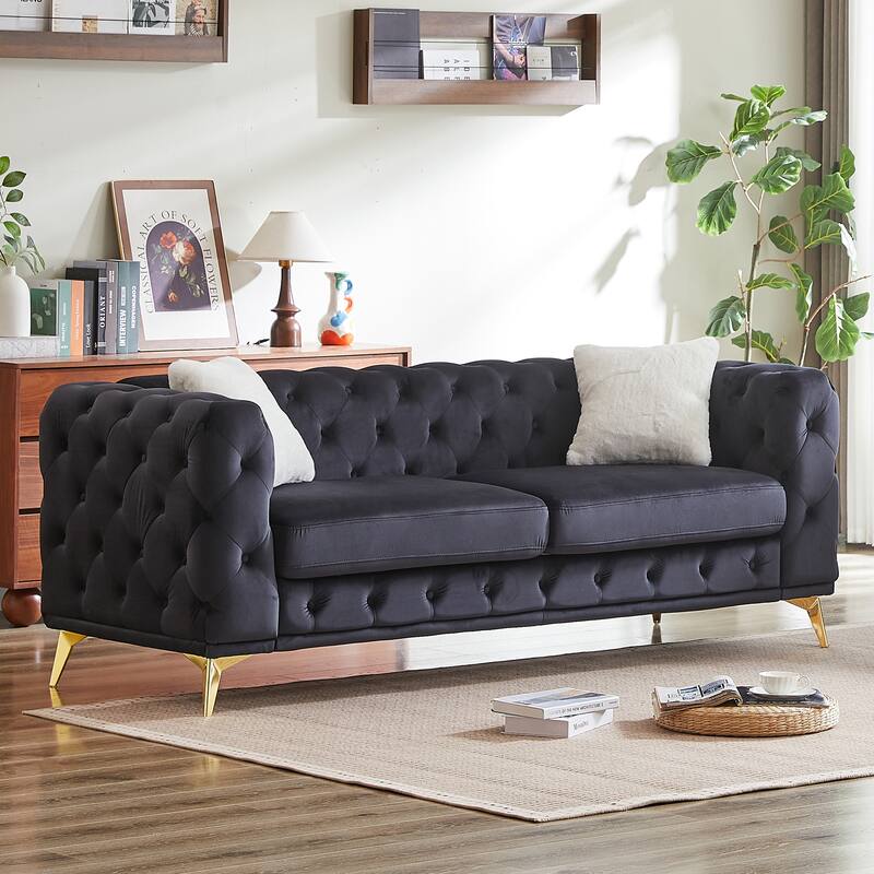 Velvet Upholstered 3 Seater Sofa, Chesterfield Tufted Button Sofa, Lounge Sofa Chair with 2 Pillows & Metal Legs