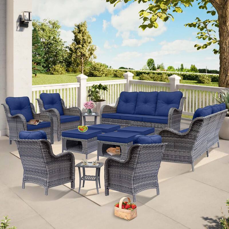 Gray Rattan Wicker High Back Outdoor Patio Furniture Sofa Seating Set