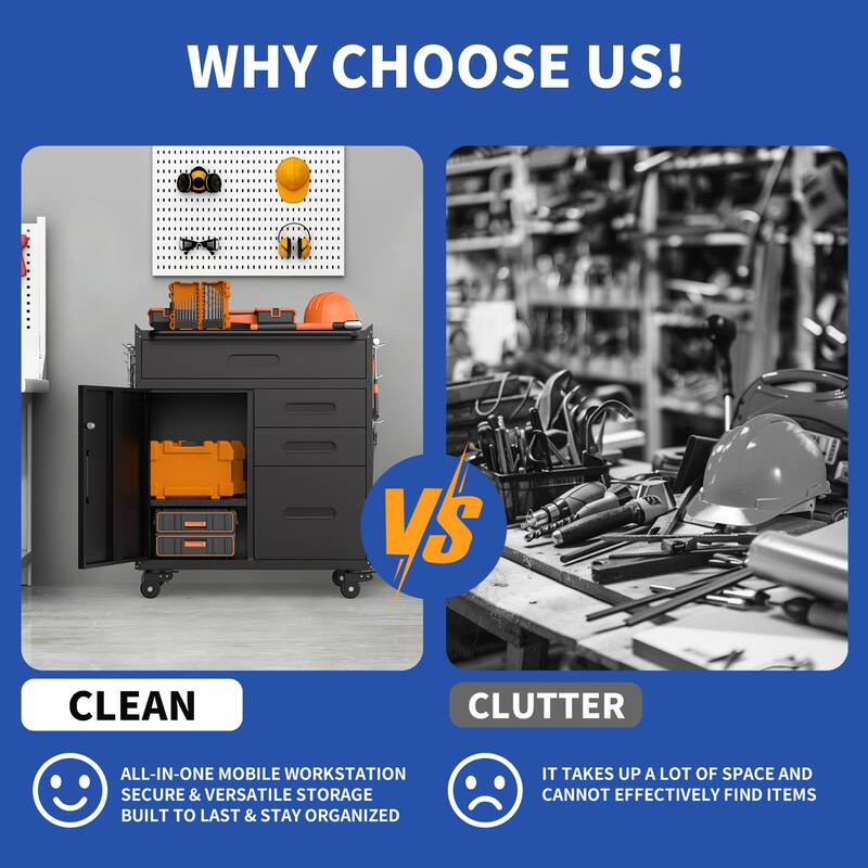 34.3" Mobile Tool Storage Cabinet - Garage Organizer with Lockable Compartment & 4 Drawers, Rolling Steel Chest