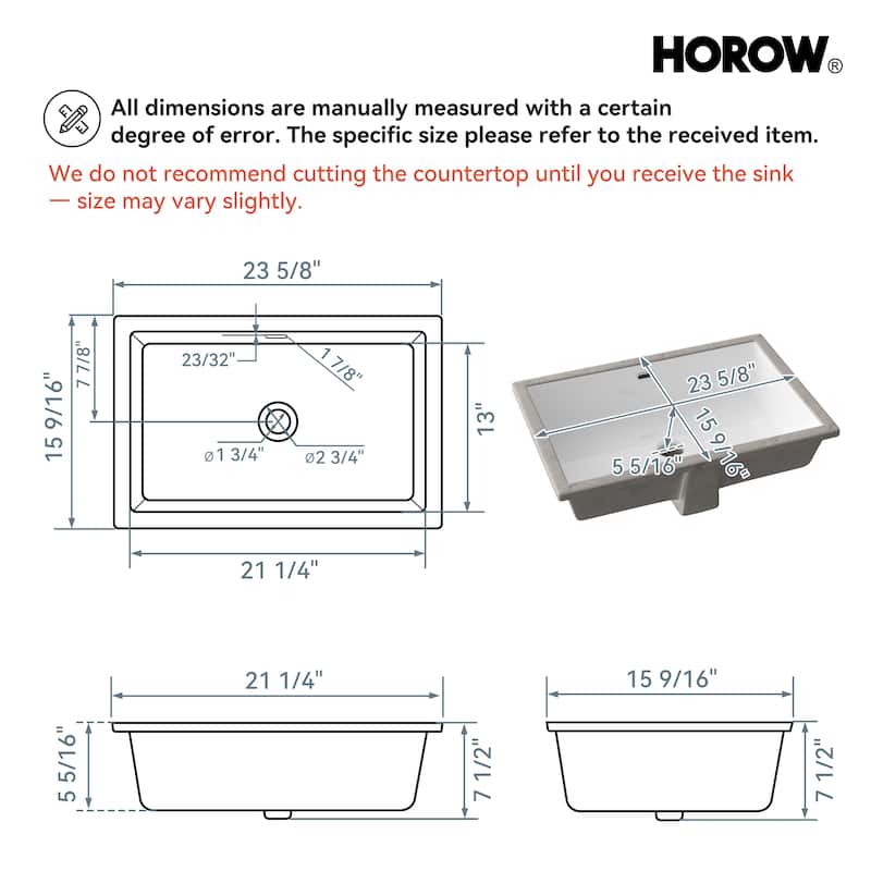 HOROW 23.60 in. White Ceramic Rectangular Undermount Sink with Overflow Drain - N/A
