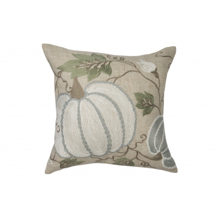 14" X 14" Beige and Green Thanksgiving Pumpkin Linen Blend Zippered Pillow With Embroidery