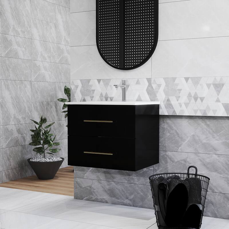 24-Inch Wall-Mounted Bathroom Vanity with Sink Combo,Double Drawers, Ceramic Basin, Easy Assemble,2 Storage Drawers