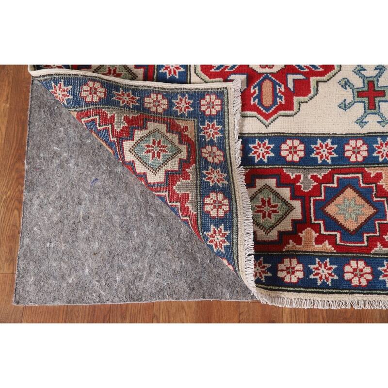 Hand Knotted Oriental 100% Wool Carpet Traditional Geometric Beige & Ivories Kazak Area Rug - 9' 7'' X 6' 7''