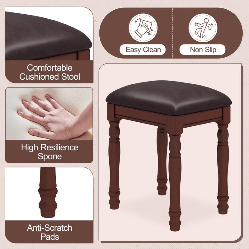 38" Wooden Vanity Desk with Adjustable Angle Mirror and Cushioned Stool, 5 Drawers