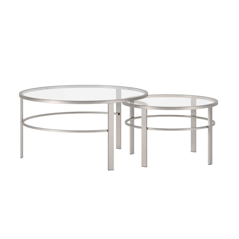 Set of 2 Round Nesting Coffee Tables with Clear Glass Top and Steel Base Modern Living Room Accent - 36"L x 36"W x 18"H