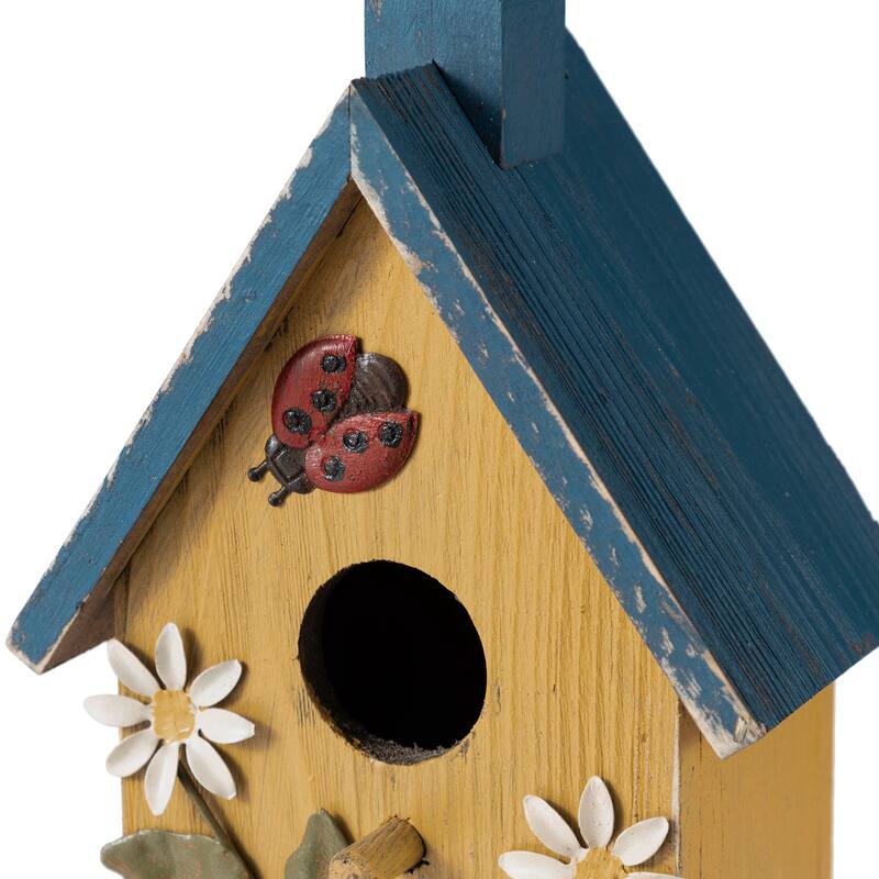 Glitzhome 10"H Multicolor Cute Distressed Solid Wood Birdhouse with 3D Flowers