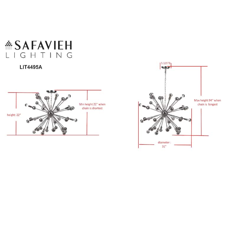 SAFAVIEH Lighting Starburst Sputnik 20-light Chrome Chandelier - 31"x31"x22-94" - 31"W x 31"D x 94"H