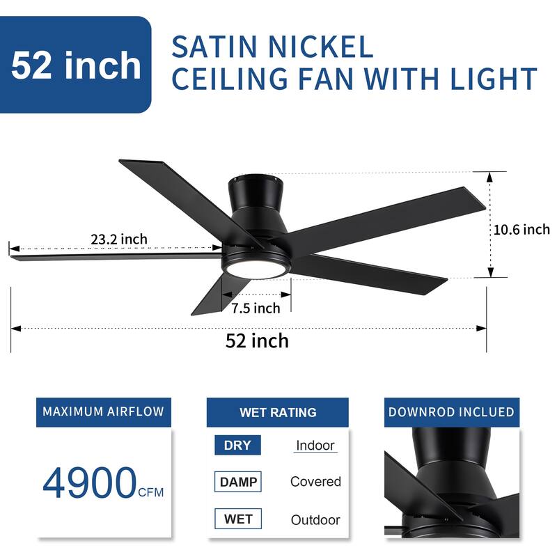YUHAO AeroLite 48 in. Indoor White Low Profile Standard Ceiling Fan with Bright White Integrated LED Light Kit, Remote Included