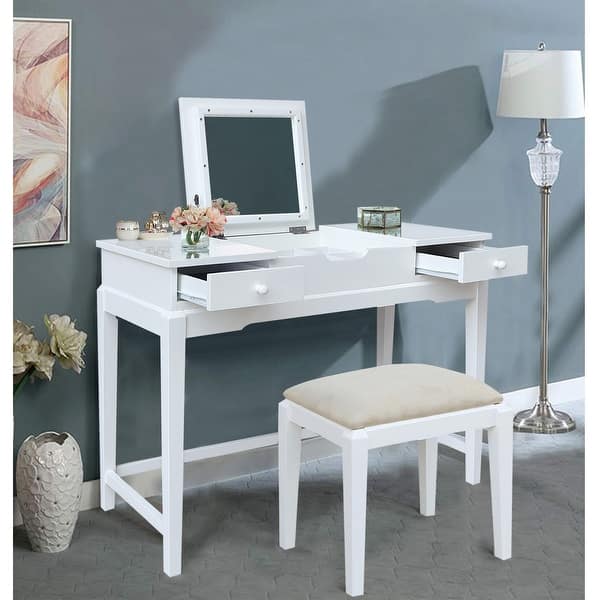 slide 2 of 11, Solid Wood Vanity Table with Vanity Bench (Snow White Finish)