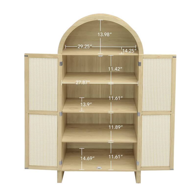Wooden Arched Kitchen Pantry Cabinet, Storage Cabinet with 2 Rattan Doors, Freestanding Cupboard with 2 Adjustable Shelves
