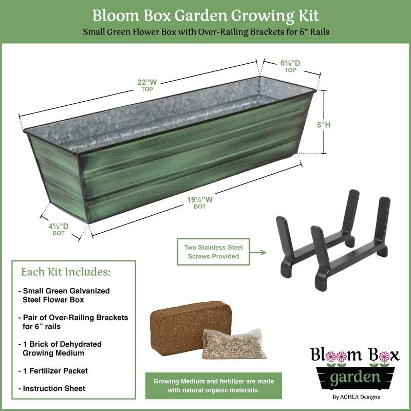 Achla Designs 22" W Small Galvanized Steel/Wrought Iron Bloom Box Garden Growing Kit With Brackets for 2 x 6 Railings